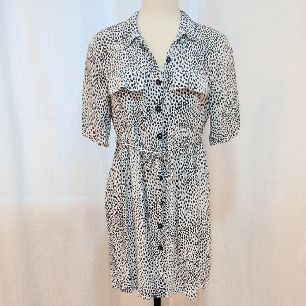 Button Down Animal Print Mini Dress - With Tie